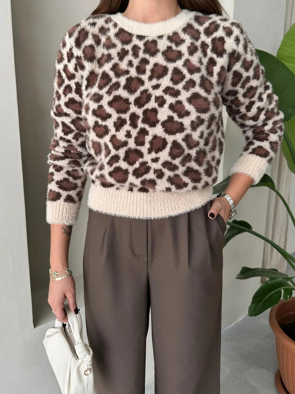 Leopard Print Women Sweater for Women, Winter Clothing Knitwear Wool Sweater, Casual Birthday Gift for Women, Knitwear Pullover Sweater