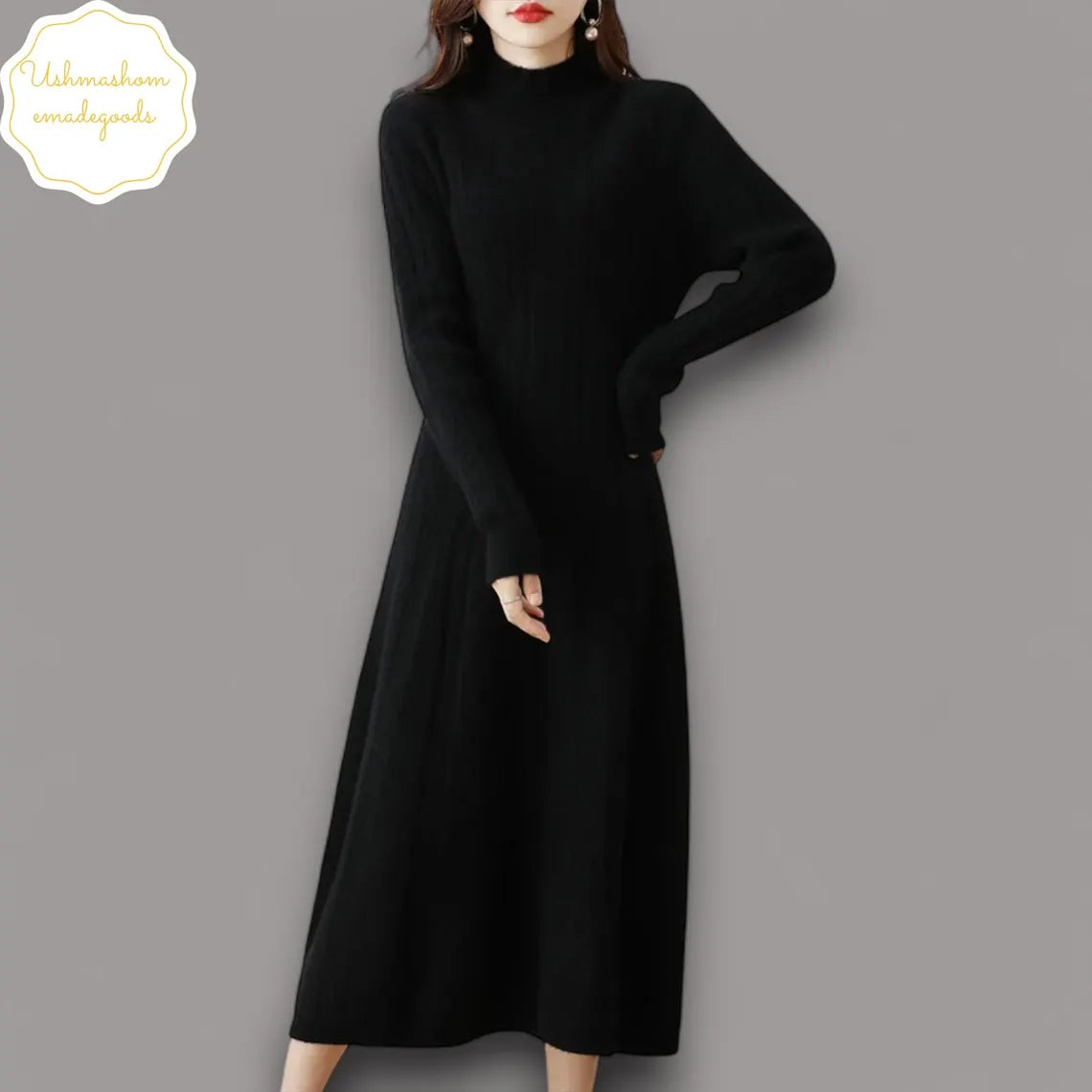 100% Merino Wool Women's Long Knitted Turtleneck Dress | Wool Sweater | Office Wear Autumn Winter Fashion | Warm Stylish Skirt Clothing